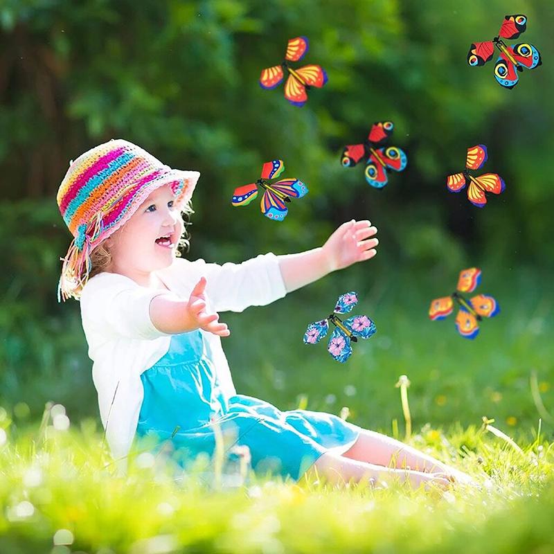 10Pcs Magic Flying Butterflies Wind Up Toy In The Sky Bookmark Greeting Cards Rubber Band Powered Kids Magic Props Surpris Gift