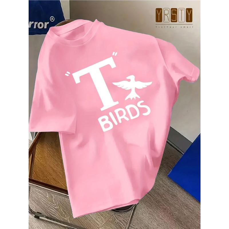 Европейские размеры Винтажная футболка с классическим узором T-Birds - Модный повседневный топ с коротким рукавом, Обычная посадка, Круглый вырез, Летний стиль
