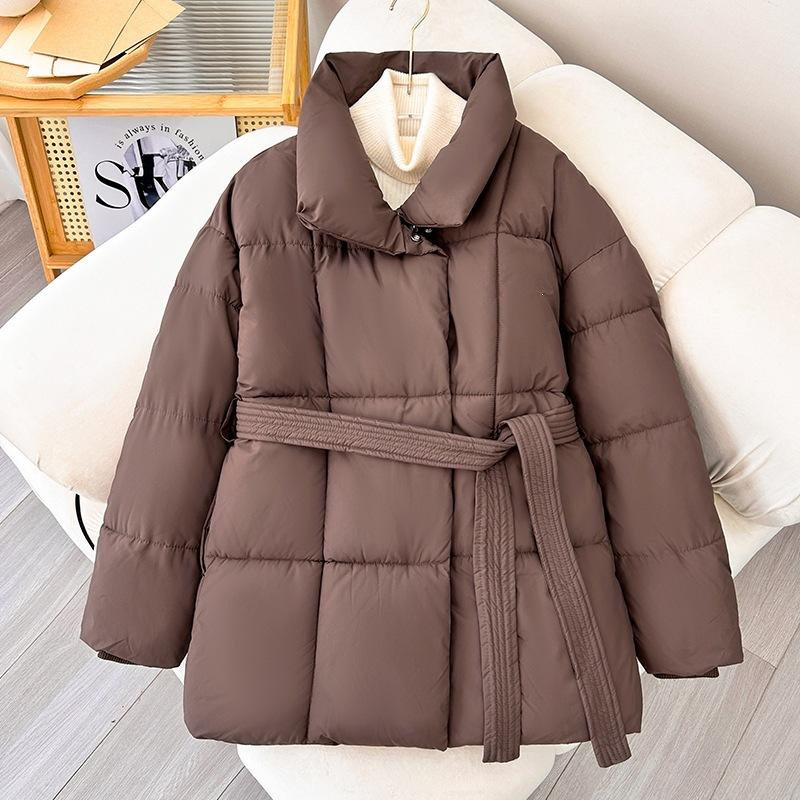 Women Stand Collar Belted Loose Fit Mid Length Long Sleeve Padded Coat Solid Color Winter Outerwear