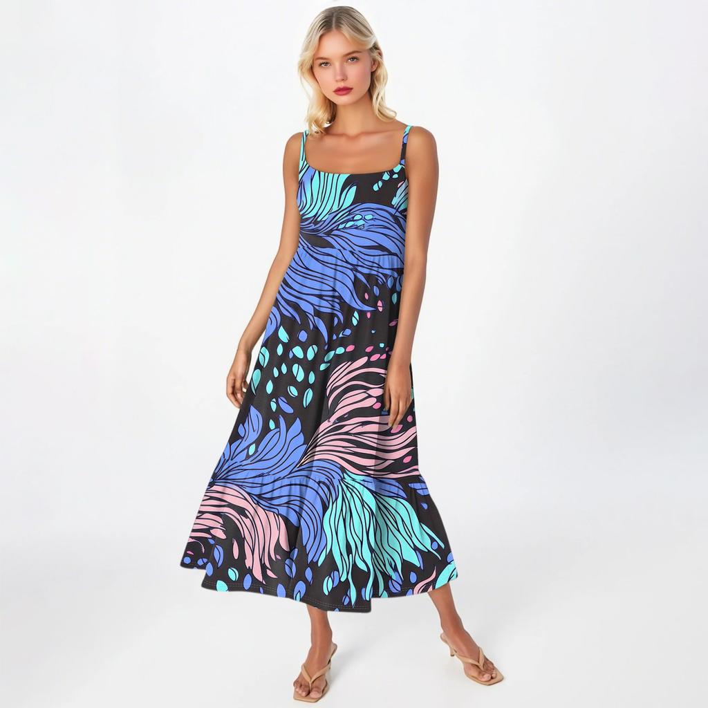 Women's Long Beach Casual Elegant Spaghetti Strap Maxi Dress Stitching Low-key Flowing Bohemian Dress
