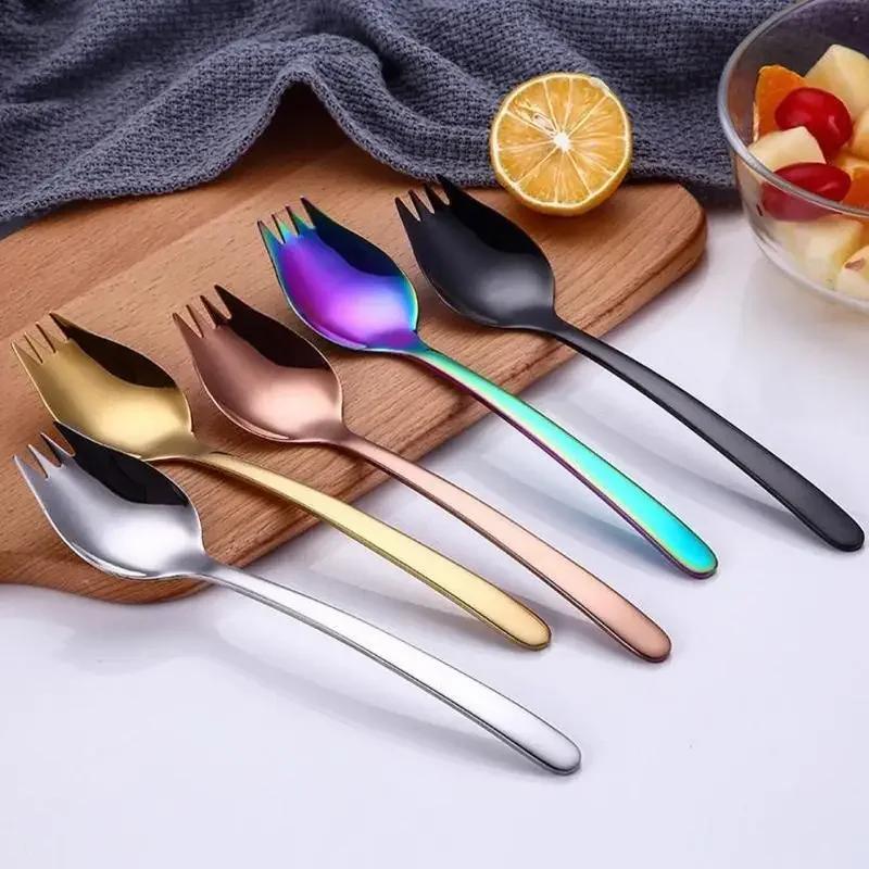 Kitchen Tools Stainless Steel Fruit Fork Dessert Forks for Cake Snack Salad Fork Spoon 2 In 1 Colorful Bento Accessories Supply
