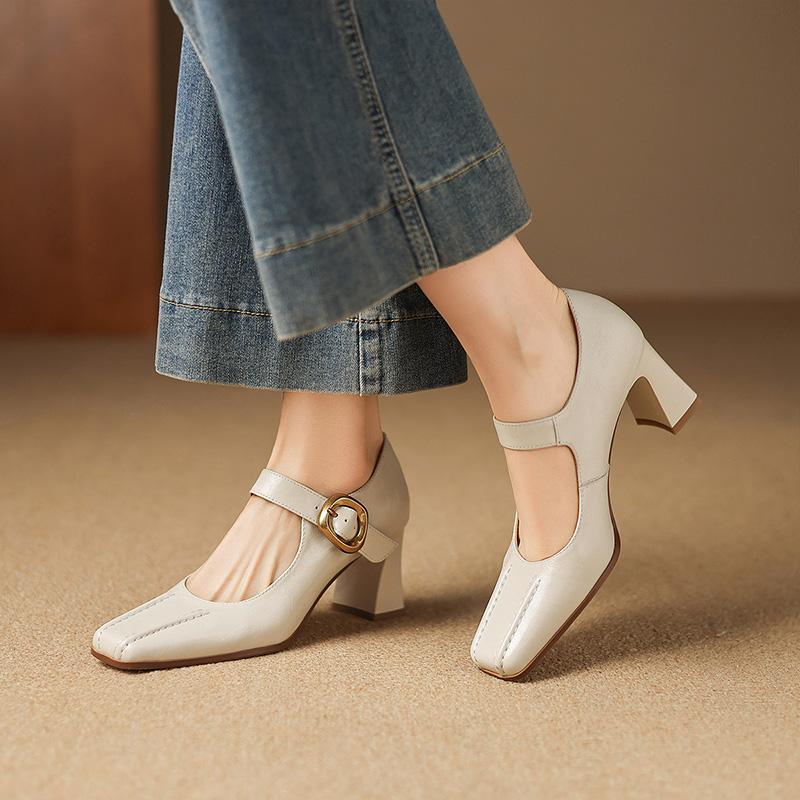 Cowhide retro single button Mary Jane shoes for women's fashion French square toe shallow high-heeled single shoes 7CM
