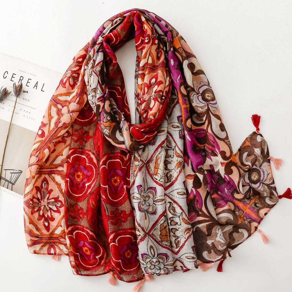 Женский этнический хлопково-льняной шарф Yitao: Дизайн с кисточками в виде колосков оранжевой пшеницы, идеально подходит для путешествий, пляжа или использования в качестве шали