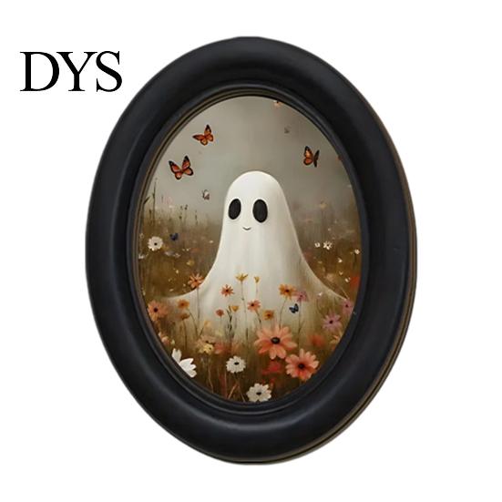 Oval Wood Picture Frame Halloween Gothic Wooden Hanging Plaque, Vintage Black Cat Ghost Wall Sweet Cool Sign Sign, Retro Waterproof Decorative Art for