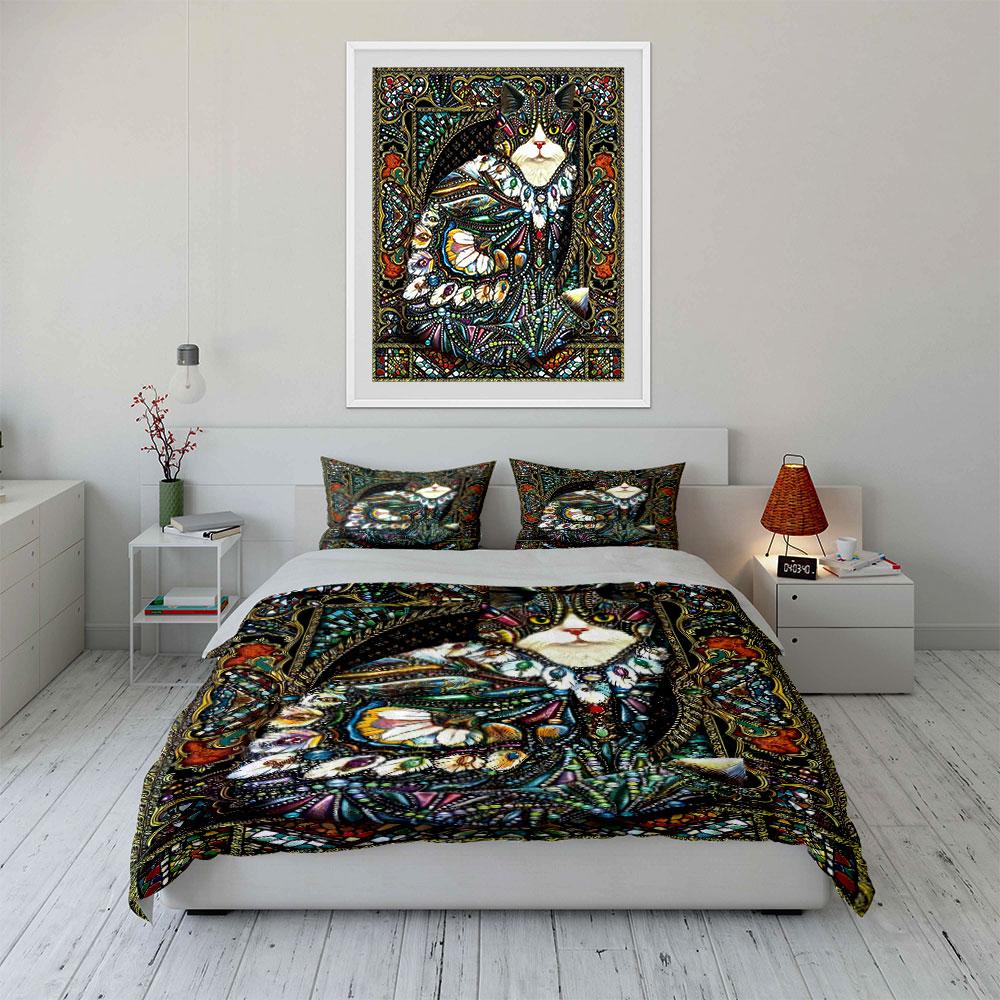 Colorful patterned cat motif. Bedding sets Duvet cover sets Duvet covers Pillowcases(1 * Duvet Cover 2 * Pillowcases without duvet insert)