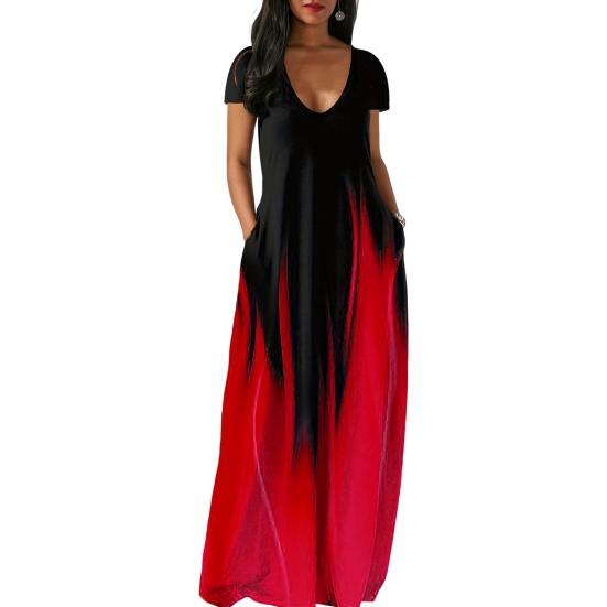 Женское летнее платье с глубоким вырезом и V-образным вырезом с коротким рукавом и контрастным градиентом цвета Свободные карманы длиной до пола Мягкое дышащее повседневное повседневное платье макси