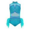 Girls Sleeveless Cutout Back Shiny Rhinestones Color Block Leotard Feather Skirt Jazz Latin Dance Performance Costume