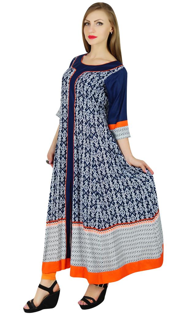 Bimba Women Blue Anarkali Kurta Kurti Fashionable Long Indian Ethnic Blouse