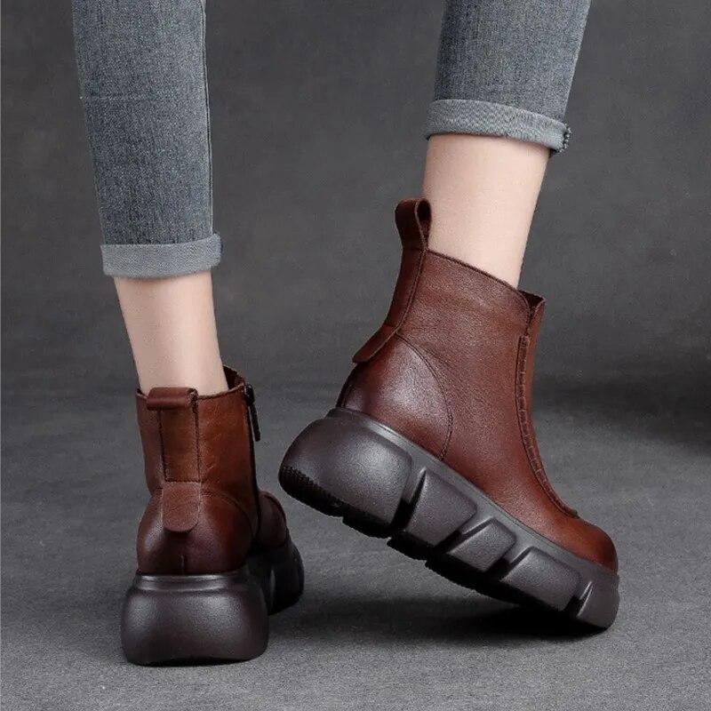 Johnature Короткие сапоги из натуральной кожи с боковыми молниями. Универсальная женская обувь в стиле ретро на толстой подошве.