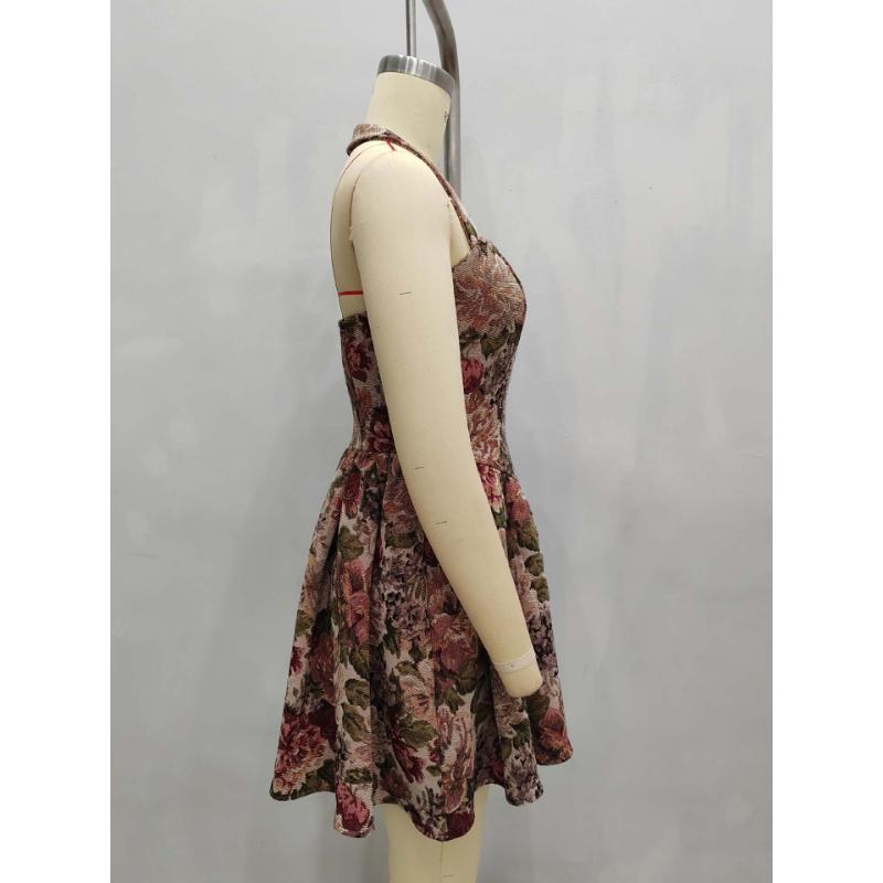 Women Halter Square Neck Floral Jacquard Mini Dress Backless High Waist Flared Skirt Elegant Slim Fit Summer Party Club Cocktail Short Sundress