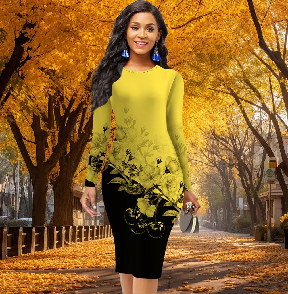 Long Sleeve Waist Tight Office Slim Fit Color Blocking Peach Blossom Printing Elegant Bodycon Dress