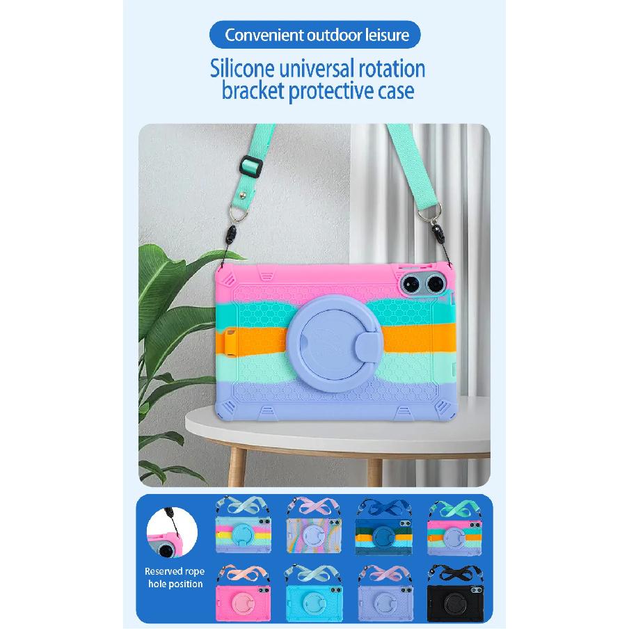 360 Rotatable Stand Case For Teclast T60 Plus 2024 12.0 inch Soft Silicone Cover With Handle Grip Shoulder Strap Kids Safe Funda