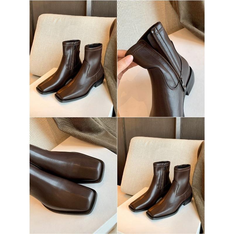 Версия из коровьей кожи Su Yinyin того же корейского большого кузена с квадратной головкой и боковой молнией на толстом каблуке, эластичные короткие женские тонкие ботинки