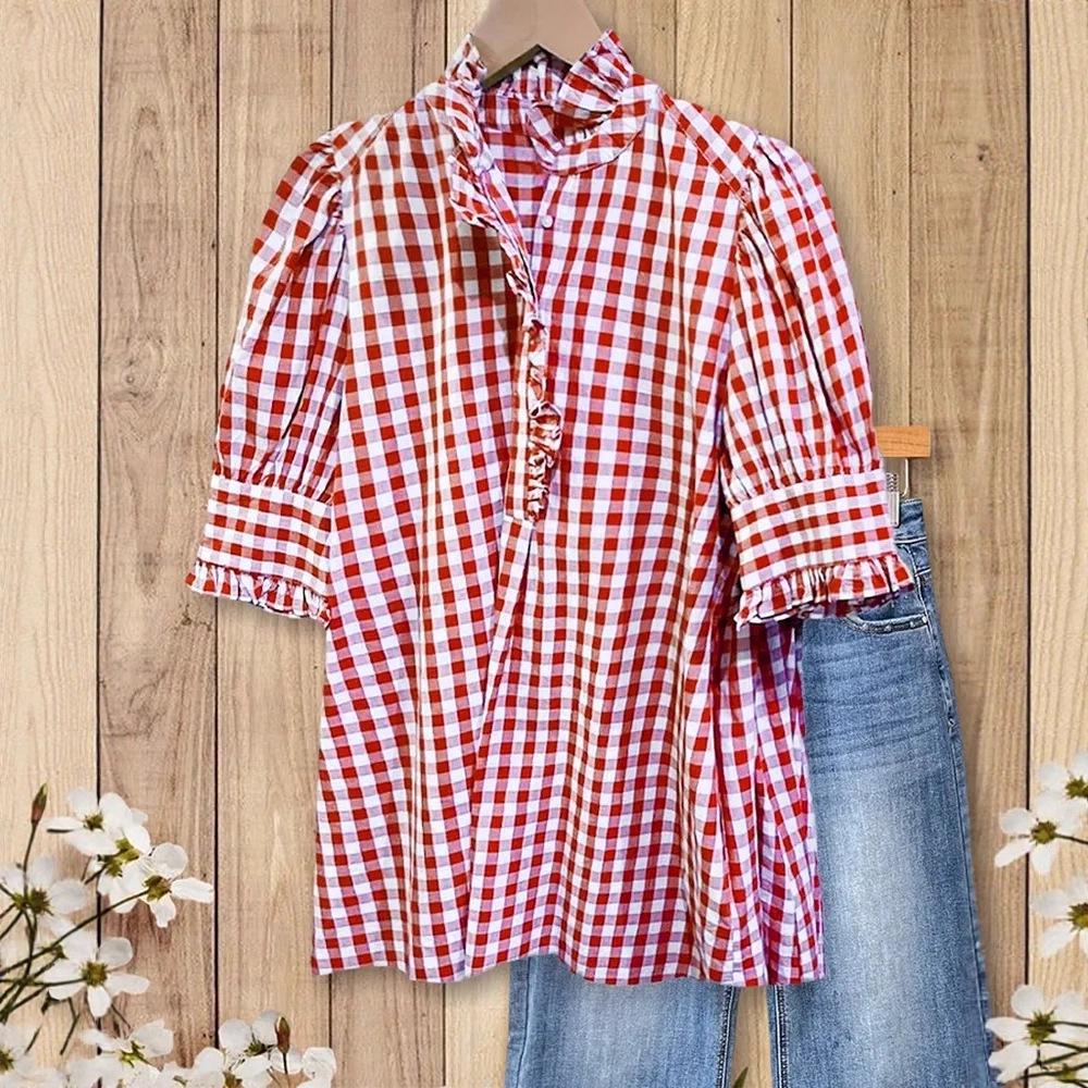 Клетчатый топ с оборками и коротким рукавом - Летний женский модный must-have