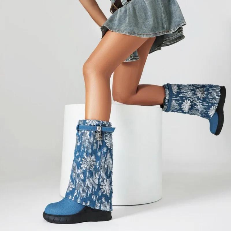 Женские брендовые дизайнерские туфли на высоком каблуке 2024 года, новые женские сапоги до середины голени с круглым носком, сексуальные женские сапоги до колена Pogen Botas De Mujer