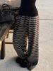 Women's Thick Wool Striped Pants - Cozy Knit Casual, Black Gray Floor-Length for Autumn/Winter.
