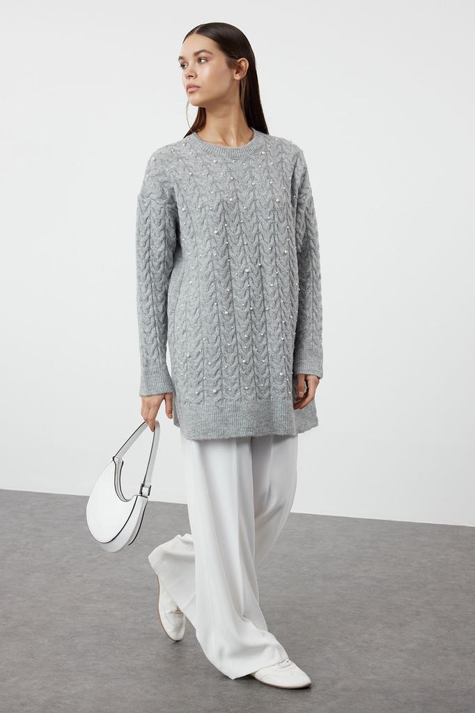 Женский модный стильный свитер в хиджабе с серыми волосами, плетеный жемчужный трикотажный свитер