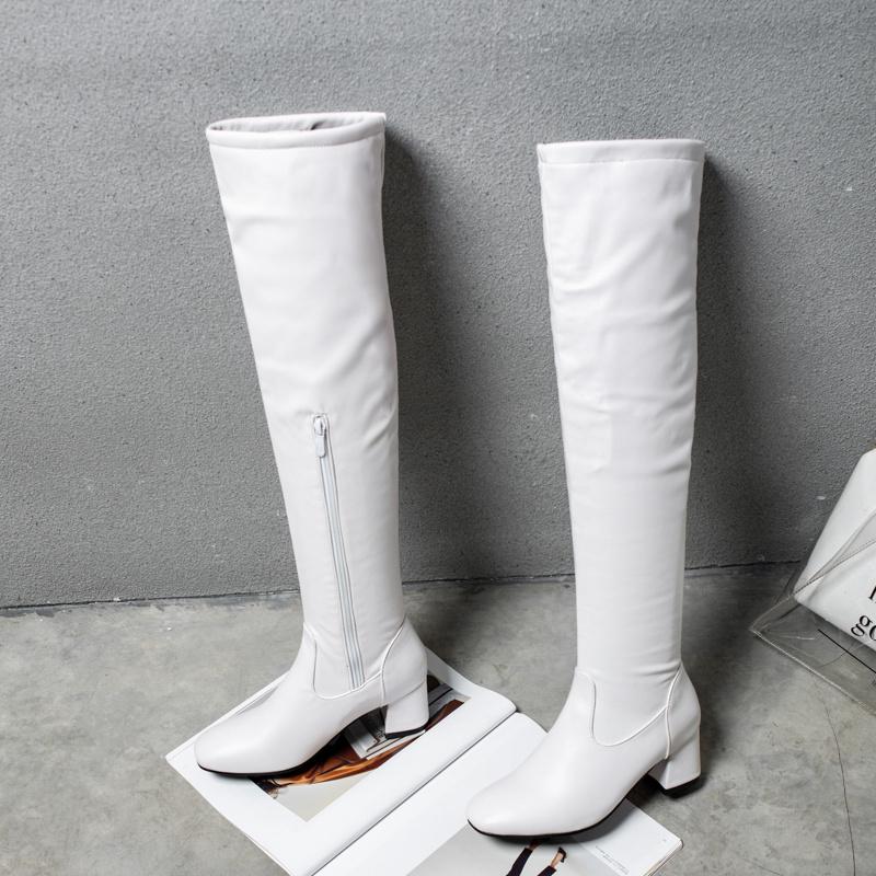 Fashion Over the Knee Boots Black White Women's Winter Thigh High Boots Thick Heels Sexy Winter Autumn Shoes Woman Large Size