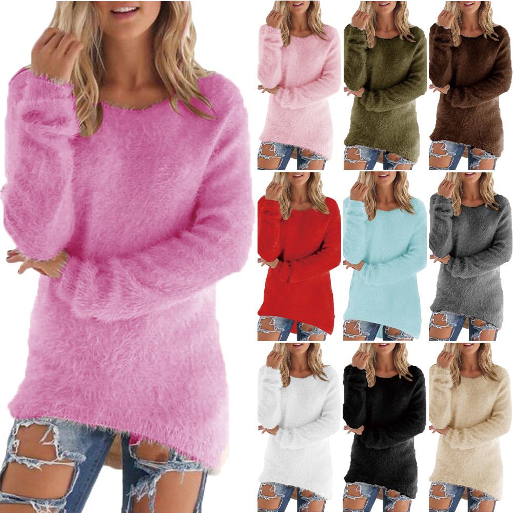 Autumn Winter Women Plush Sweater Casual Loose Long Sleeve O Neck Tops Solid Color Pullover Shirts