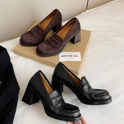 Версия из овчины~ Новые французские ретро лоферы на толстом каблуке с круглым носком, женские туфли из маленькой кожи в британском стиле на одной педали, женские туфли