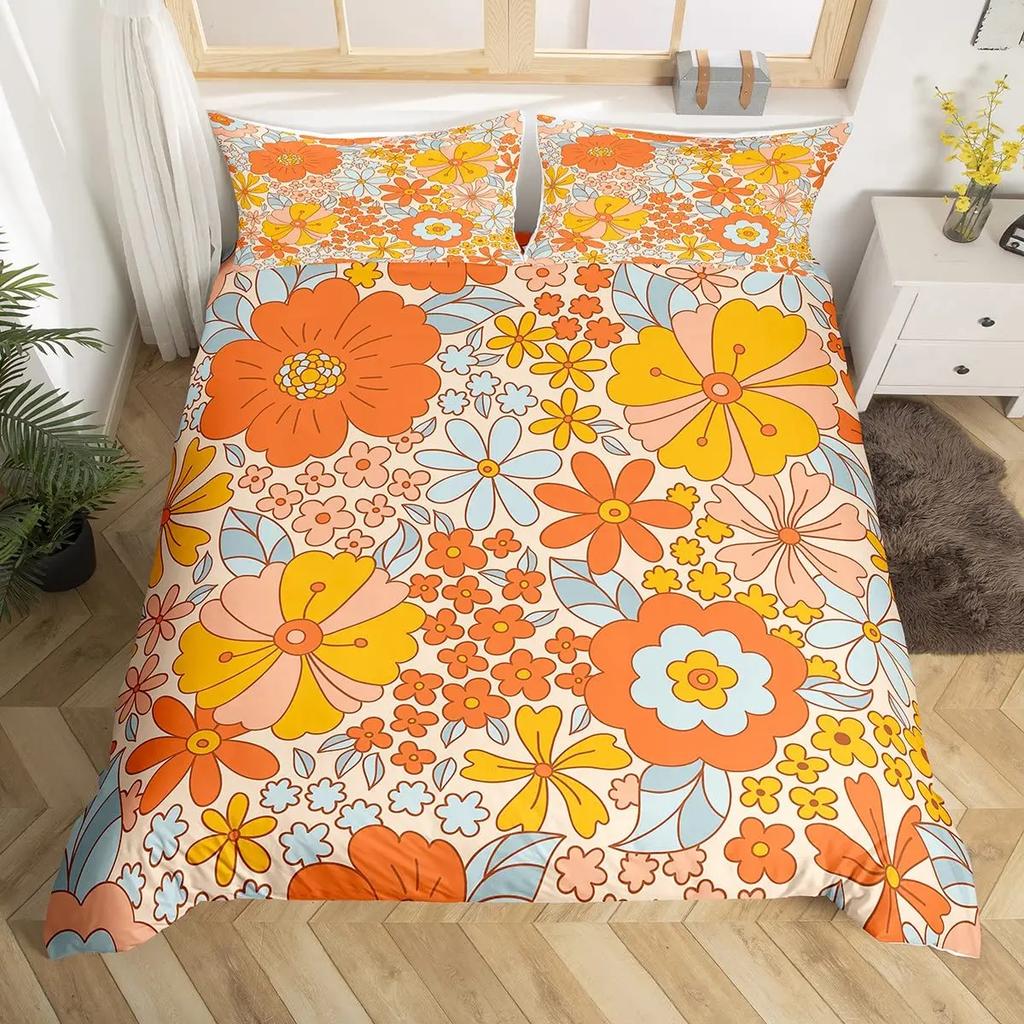 Comforter Retro Flowers Watercolor Yellow Floral Green Leaves Plant Comforter And 2 S Trippy Style Bedding Set