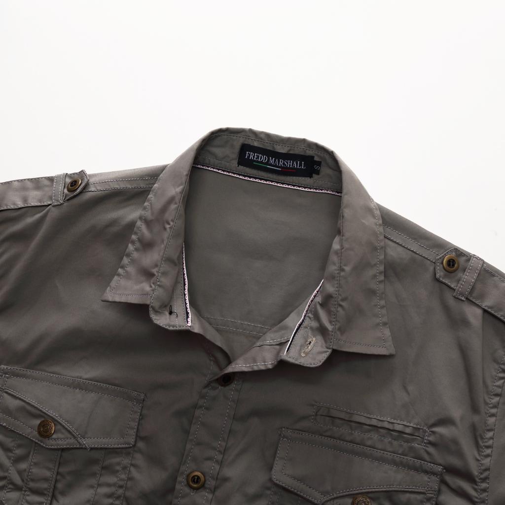 Fredd Marshall 2021 Mens Cargo Shirt Men Casual Shirt Solid Short Sleeve Shirts Multi Pocket Work Shirt Plus Size 100% Polyester Hiking Shirt