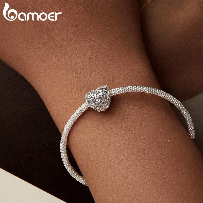 BAMOER 925 Sterling Silver Heart-Shaped Hollow Charms for Bracelets Classic Leaves DIY Beads Charm Jewelry Gifts for Women