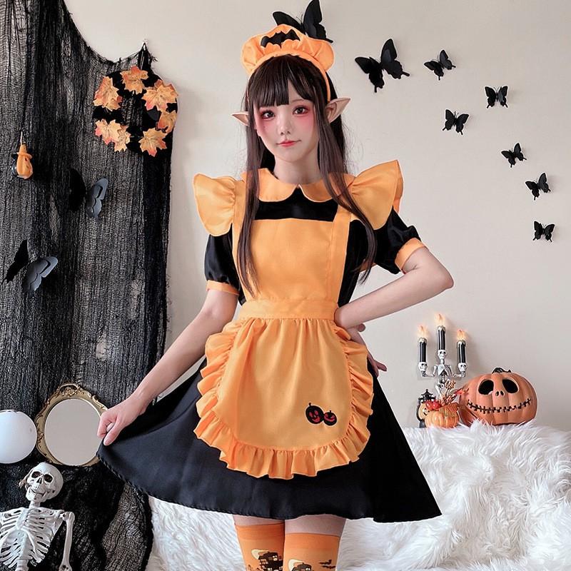 Halloween Adult Pumpkin Dress Lolita Maid Cosplay Costume Anime Party