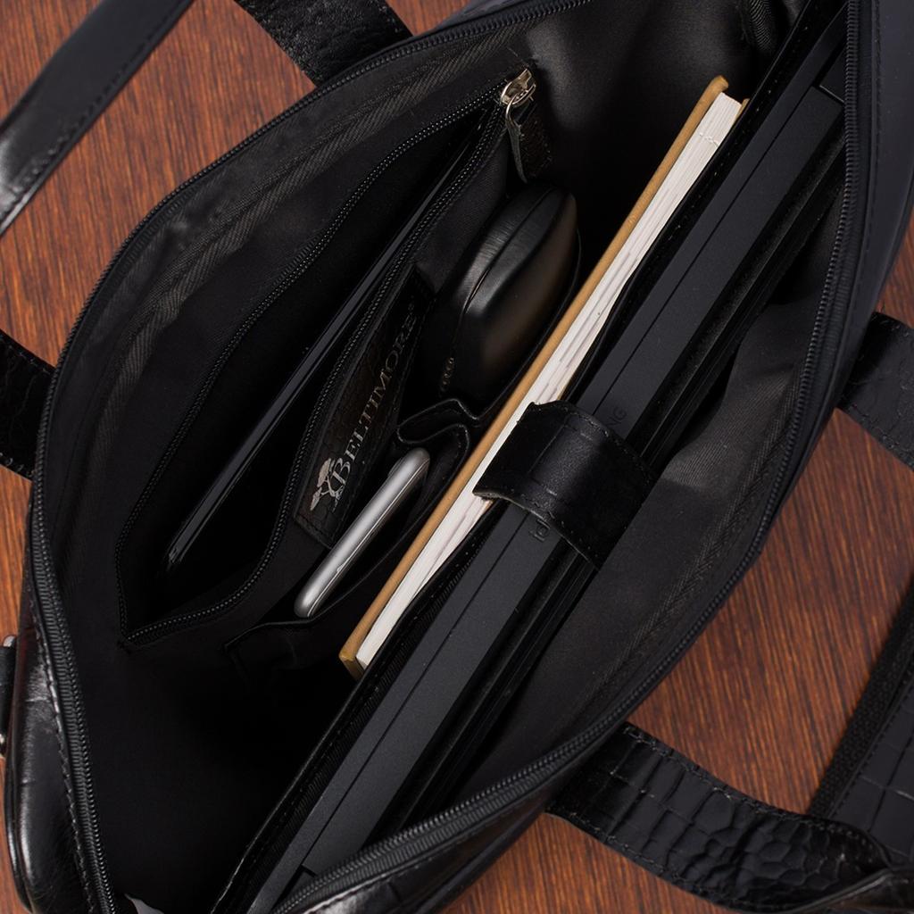 Leather Briefcase Bag Croco Briefcase For 15"6 Laptop Black A4 Beltimore