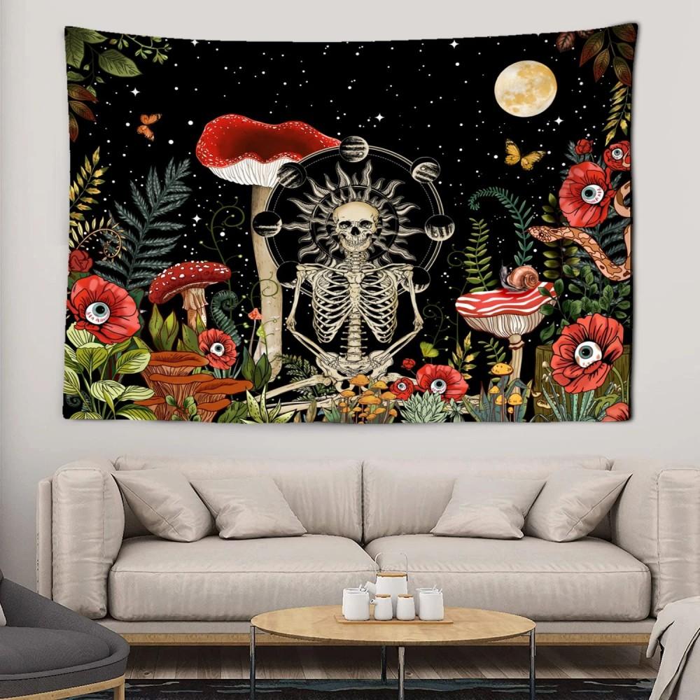 Tapestry Psychedelic Mushroom Skull Wall Art Hippie Floral Bedroom Decor Shimmering Living Room Dorm Hanging