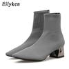 Fashion Knitted Stretch Fabric Sewing Women Ankle Boots High Heels Square Heels Winter Pointed Toe Ladies Sock Boots