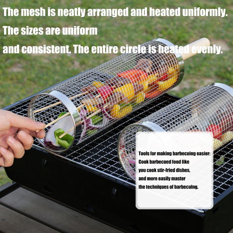 Steel Rotating Grill Basket With Hanging Hook and Wood Handle For Even Cooking And Effortlessly BBQ Food Flipping