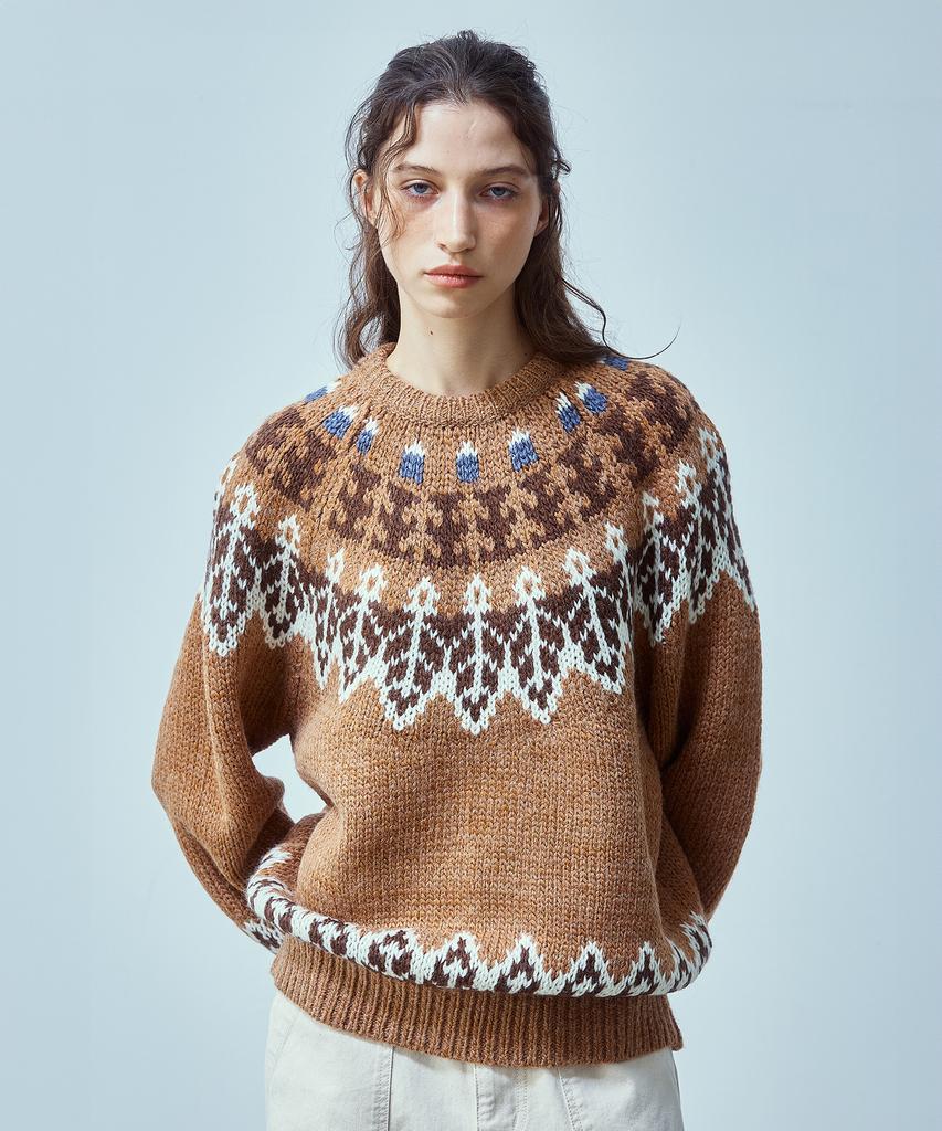 UNIFORM BRIDGE Nordic Crew Neck Knit(Womens) Camel