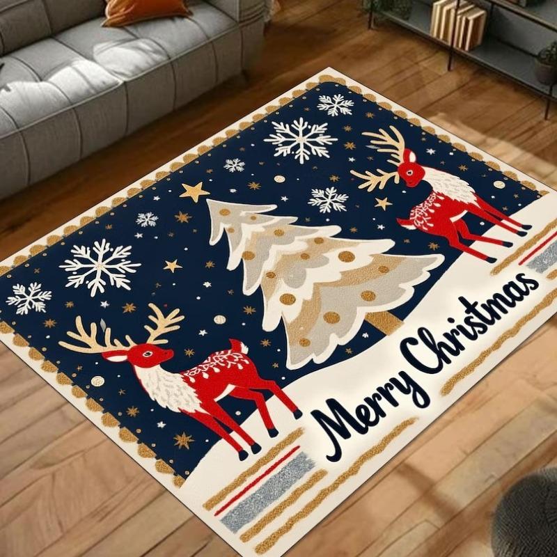 Navy Blue Christmas Rug with Red Reindeer and Tree Design, Festive Holiday Carpet with Snowflakes for Living Room Decor