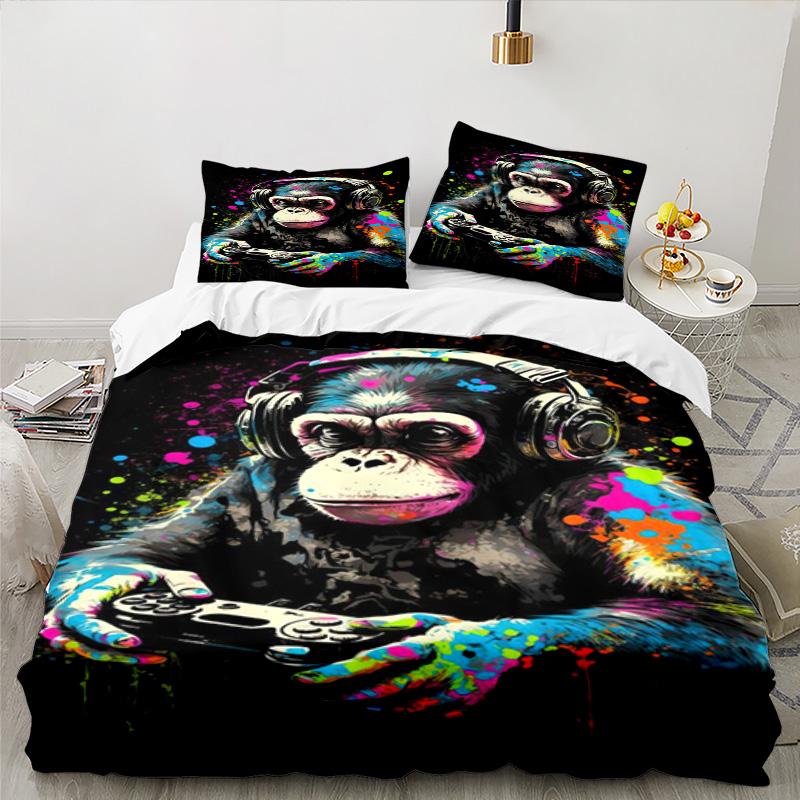 Monkey Music Headphones 3PCS Bedding set,Ideal for 1pc Duvet Cover And 2pcs Pillowcases Perfect for Fan gift,Ideal for Bedroom, Dormitory