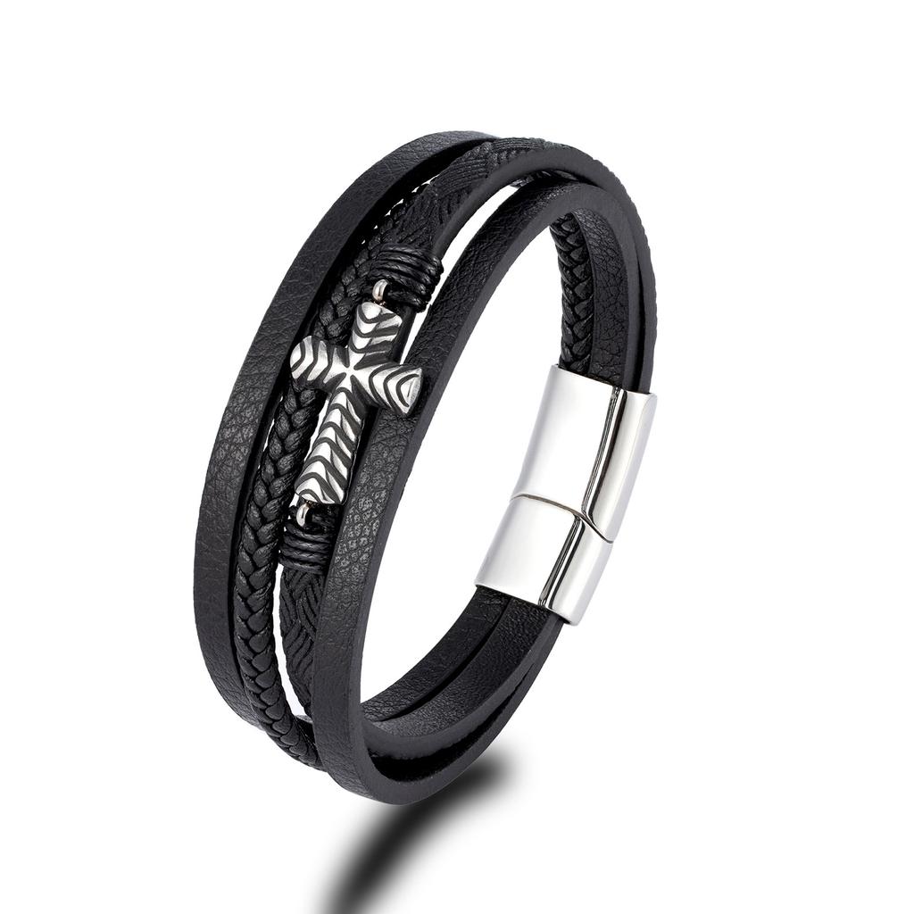 Fashionable Cross Pattern Multi-layer Woven Leather Bracelet Hot Selling Cross-border Source Trendy Men's Accessories