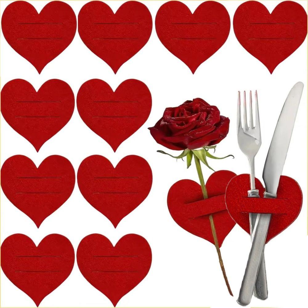 12pcs Red Felt Heart Shaped Cutlery Holder Love Reusable Fork Spoon Set Table Setting Exquisite Felt Cutlery Holders Wedding