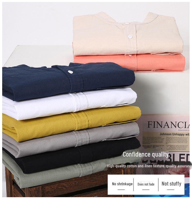 Мужская рубашка из хлопка и льна с длинным рукавом, китайским воротником-стойкой и карманом - простая, удобная повседневная куртка