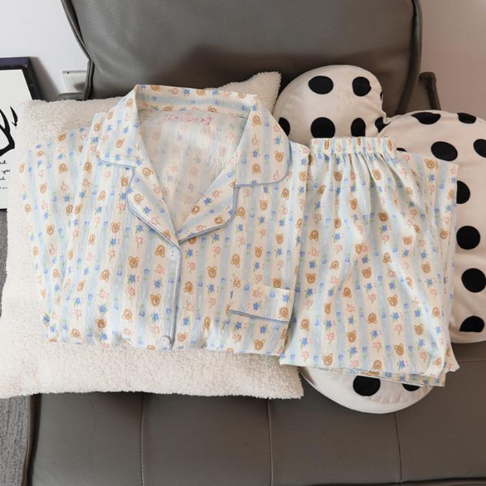 Милый милый пижамный комплект из двух частей с принтом медведя, осенняя повседневная универсальная домашняя одежда, пижамы женские Y2K мягкие женские пижамы