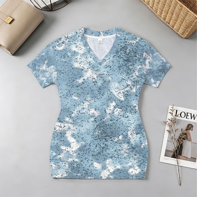 V-Neck Short-Sleeve Fitted Dress Minimalist Fresh Blue White,Soft Comfortable Fabric,Ideal for Beach Vacations Daily Commutes