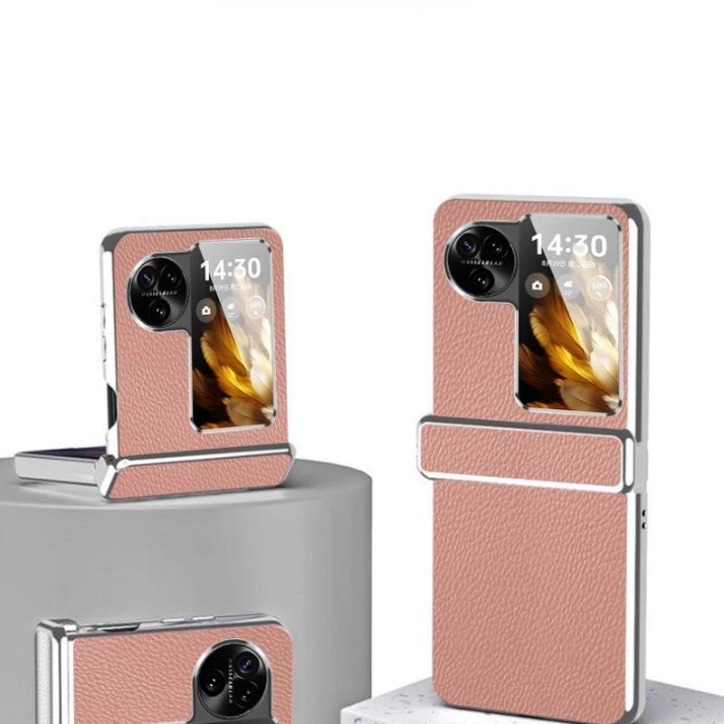 Гальванизированная золотая и серебряная рамка Чехол для телефона из искусственной кожи с узором личи для для OPPO Find N2 N3 Flip Защитная крышка для шарнира