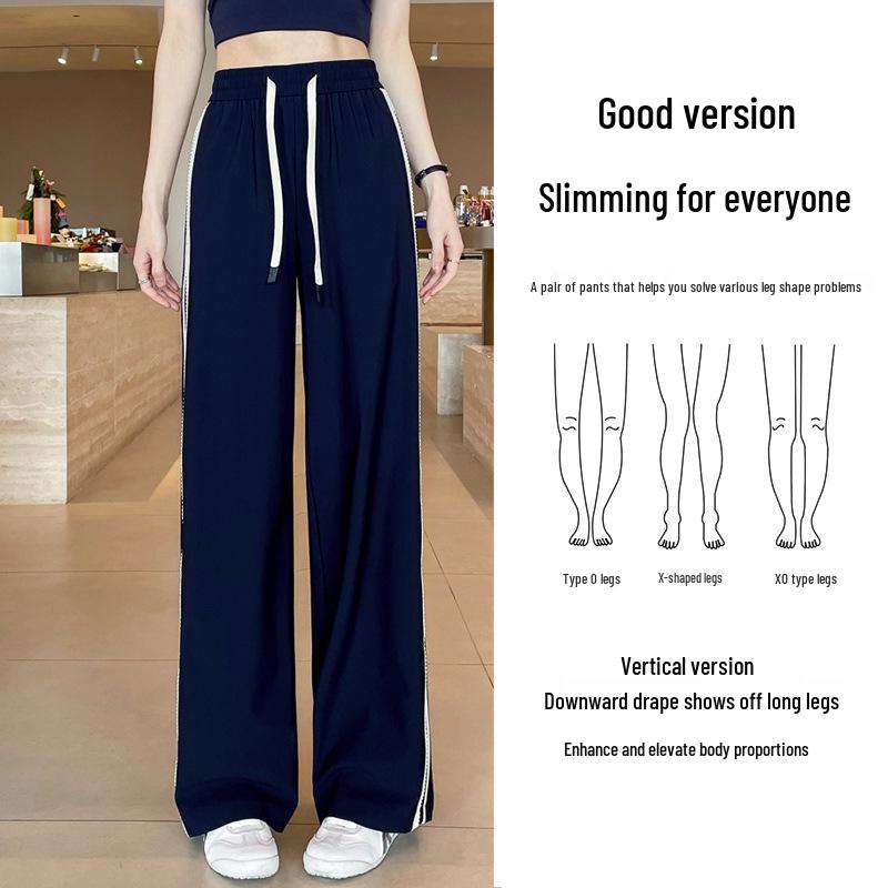 Women's Quick-Dry Ice Silk Wide-Leg Pants with Side Stripe - High Waist, Slimming, Draping Casual Sports Pants