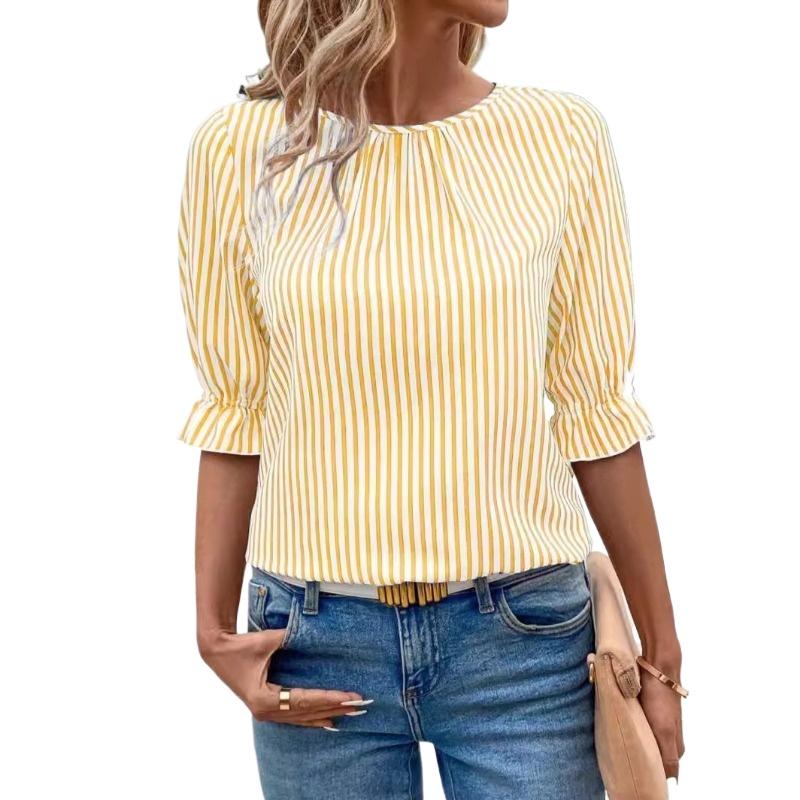 New Fashion Summer Women's Clothing, Blue Striped Button-down Shirt