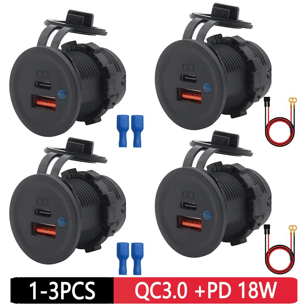 1-3PCS Car Dual USB Charger Socket DC 10-28V QC3.0 PD Type C 18W Car Charger Adapter with Cover Car Dual Port for Boat Truck