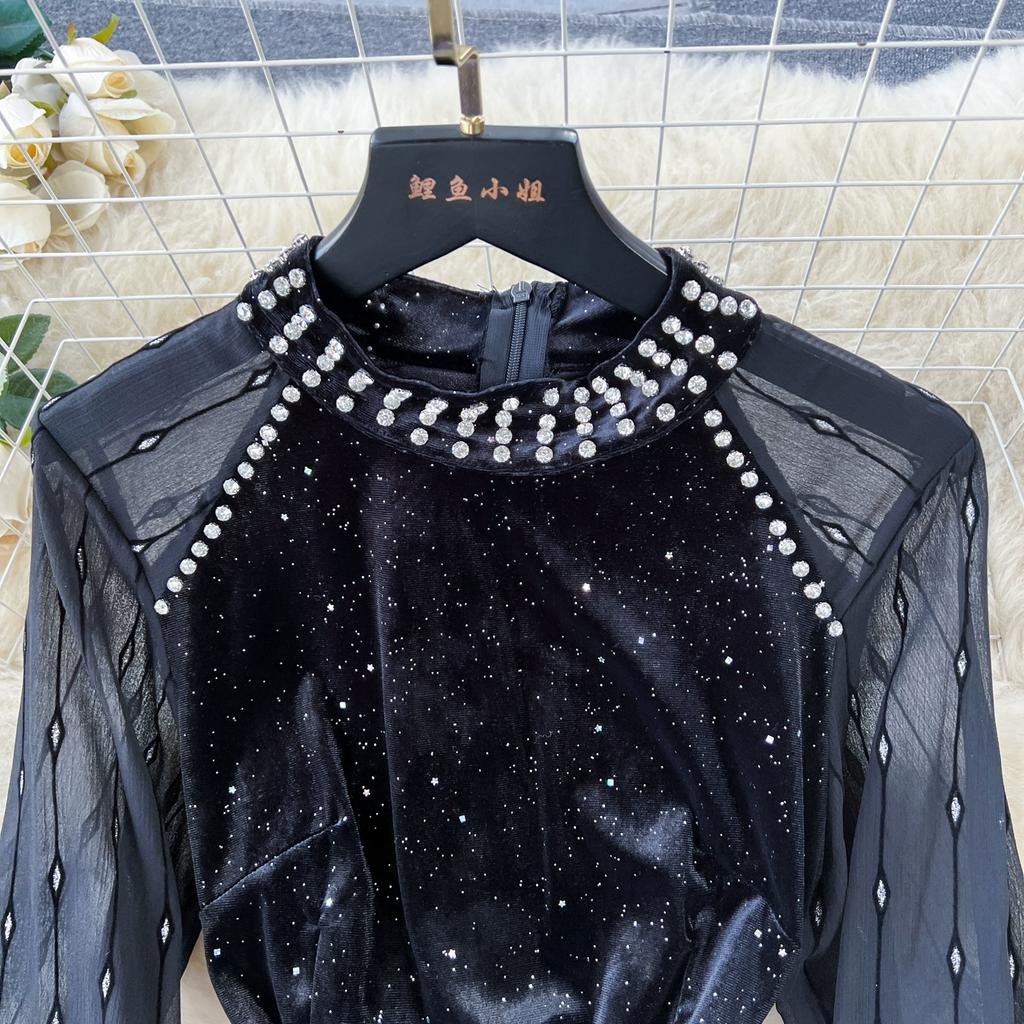 Осенние женские винтажные черные бисерные сетчатые бархатные лоскутные вечерние платья