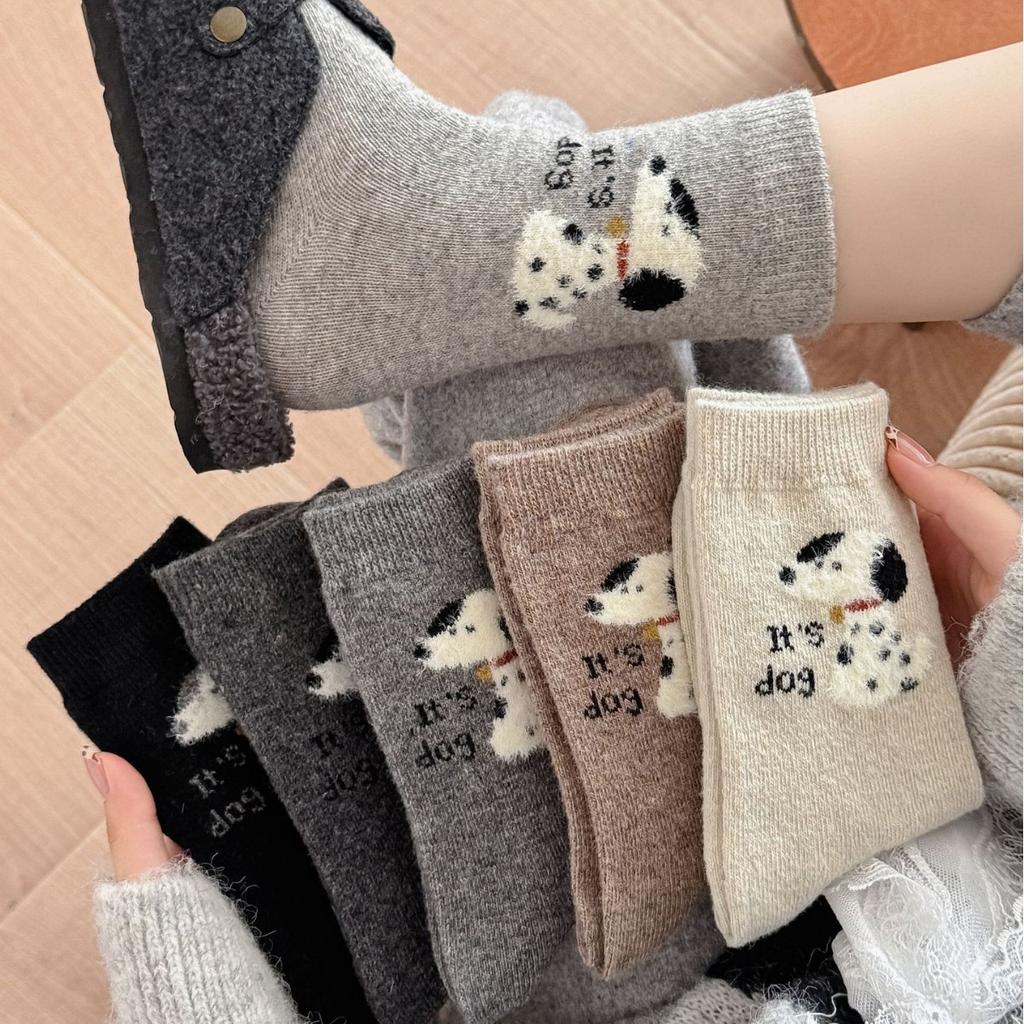 Female Autumn and Winter Thickened Warm Cartoon Cute Dog Wool Tube Pile Socks