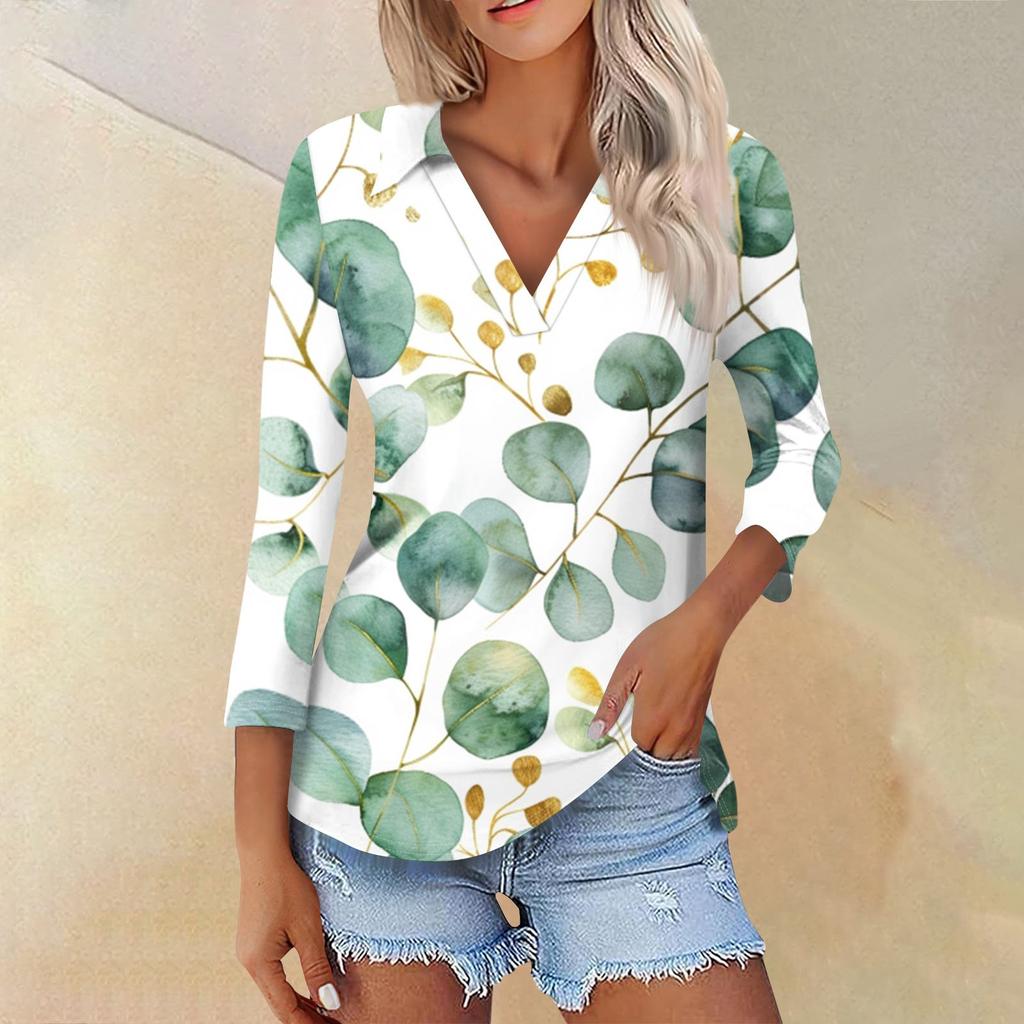 Women's Summer Fashion Casual Print V-Neck Three Quarter Sleeve Shirt Top