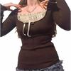 Y2k Women's Long Sleeve Knitted Tops Lace Stitching Neckline Knitwear Bowknot Decoration Slim-Fit Tshirt Pullovers Clubwear