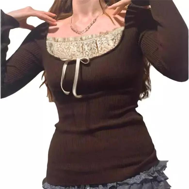 Y2k Women's Long Sleeve Knitted Tops Lace Stitching Neckline Knitwear Bowknot Decoration Slim-Fit Tshirt Pullovers Clubwear