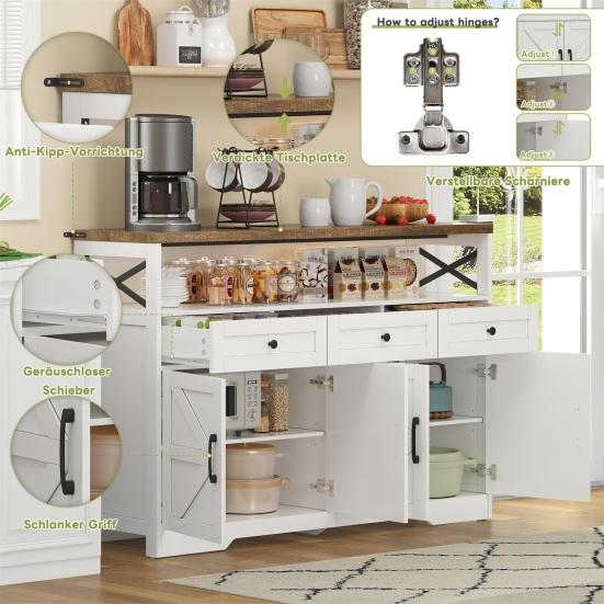 Coffee Bar Buffet Sideboard 140cm with Storage Space 3 Drawers Country Style Console Kitchen Cabinet Doors Cupboards Shelves Suitable for Kitchen